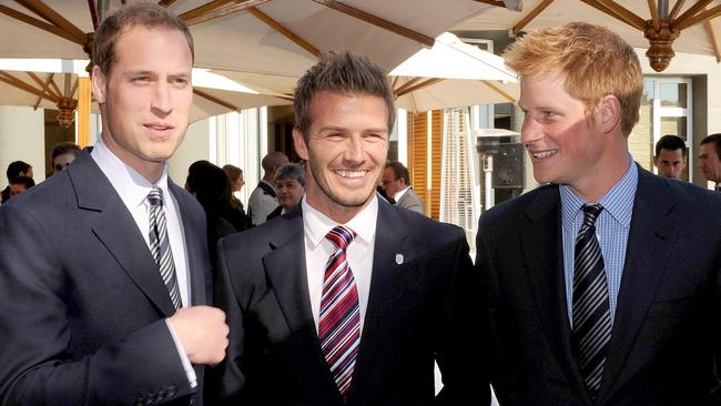 David Beckham with Prince William and Prince Harry at an FA reception at the Saxon Hotel in Johannesburg, South Africa in 2010. Picture: AP Photo/Luca Ghidoni, Pool