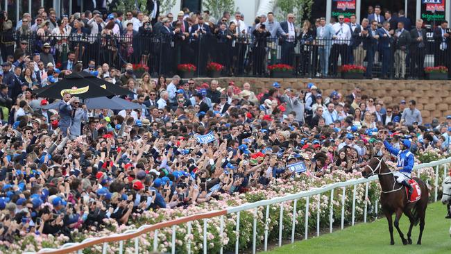 Question 19: Winx, ridden by Hugh Bowman, wins the Cox Plate in 2018. Picture: Alex Coppel