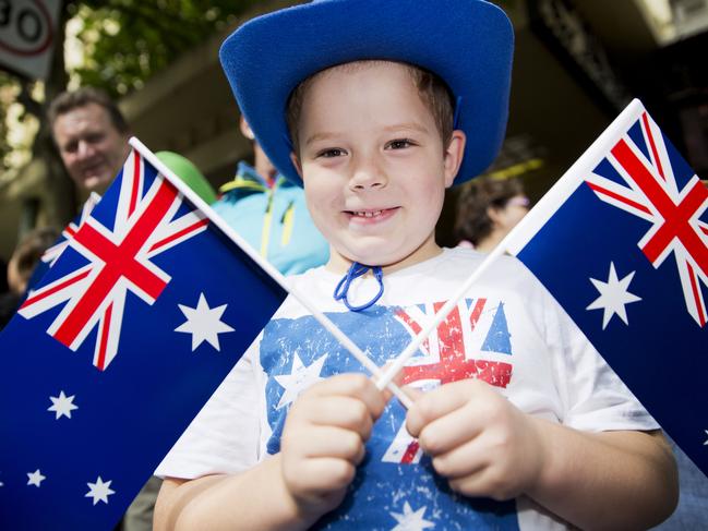 James Croft, 6, at the Australia Day Parade on Swanston Street, Melbourne. Picture: Nathan Dyer