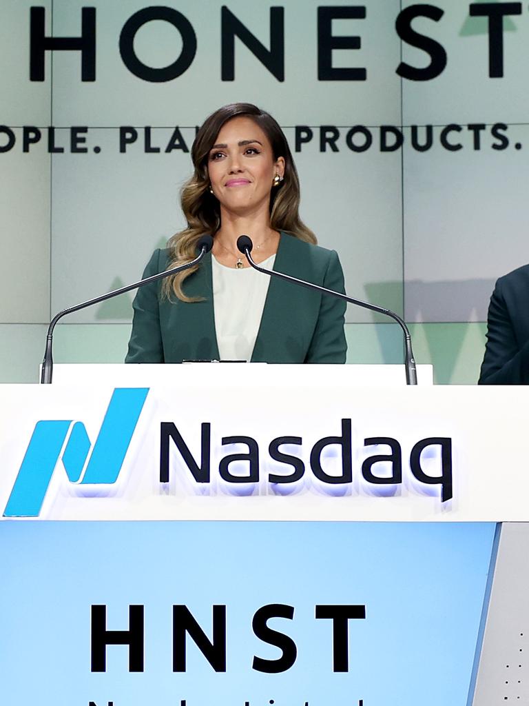 Jessica Alba rings the Nasdaq Stock Market opening bell to mark the Honest Company's IPO. Picture: Dimitrios Kambouris/Getty Images for The Honest Company