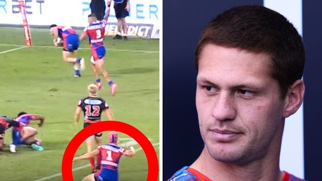 Kalyn Ponga showed just how much the Knights mean to him after the first try. Image: Kayo/Getty