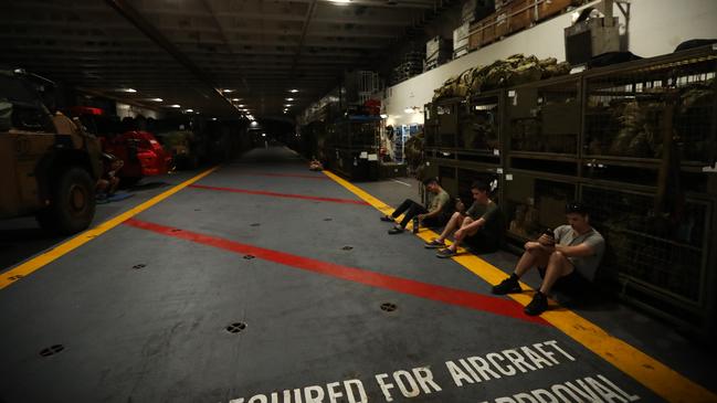 Australian Defence Force members aboard the HMAS Adelaide in Darwin ahead of Exercise Keris Woomera, an exercise with the Indonesian National Armed Forces. Picture: Zizi Averill