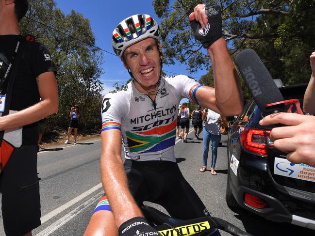 WILLUNGA HILL, AUSTRALIA - JANUARY 20: Arrival / Daryl Impey of South Africa and Team Mitchelton-Scott / Celebration / during the 21st Santos Tour Down Under 2019, Stage 6 a 151,5km stage from McLaren Vale to Willunga Hill 374m / TDU / on January 20, 2019 in Willunga Hill, Australia. (Photo by Tim de Waele/Getty Images)