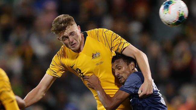 Socceroo Harry Souttar of the Socceroos heads towards goal. Picture: Mark Metcalfe/Getty Images