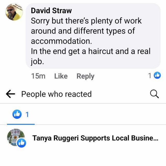 Ms Ruggeri liked Mr Straw’s comment, which then drew the ire of other online bystanders.