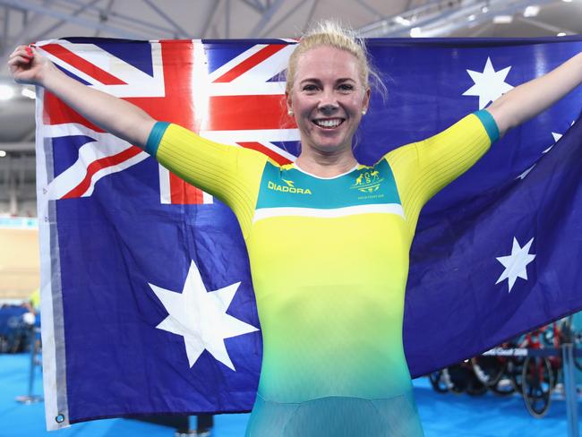 BRISBANE, AUSTRALIA - APRIL 07:  Kaarle McCulloch of Australia celebrates winning gold after the Women's 500m Time Trial during Cycling on day three of the Gold Coast 2018 Commonwealth Games at Anna Meares Velodrome on April 7, 2018 on the Brisbane, Australia.  (Photo by Matt King/Getty Images)