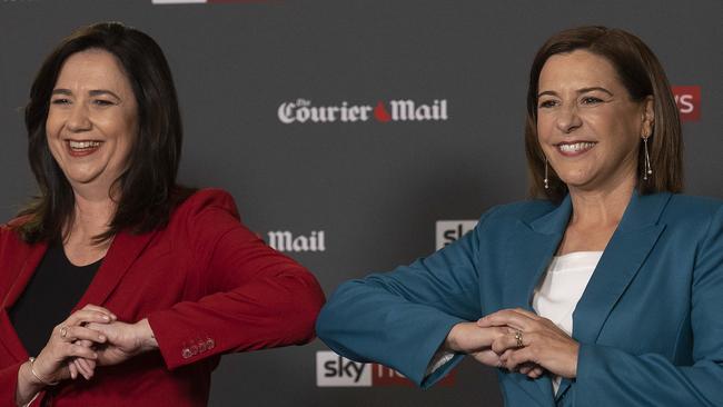 Brisbane AUSTRALIA - NewsWire Photos October 28, 2020: Queensland Premier Annastacia Palaszczuk and Queensland opposition LNP leader Deb Frecklington go head to head at the Sky News speaker forum at the Broncos Leagues Club ahead of the state election. Picture: NCA NewsWire / Sarah Marshall