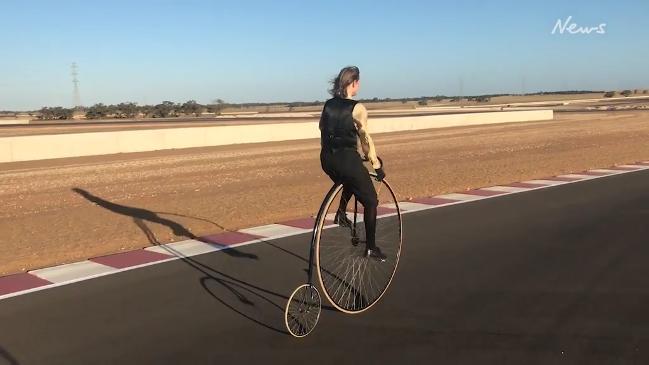 Strange two-wheeled action on The Bend race track