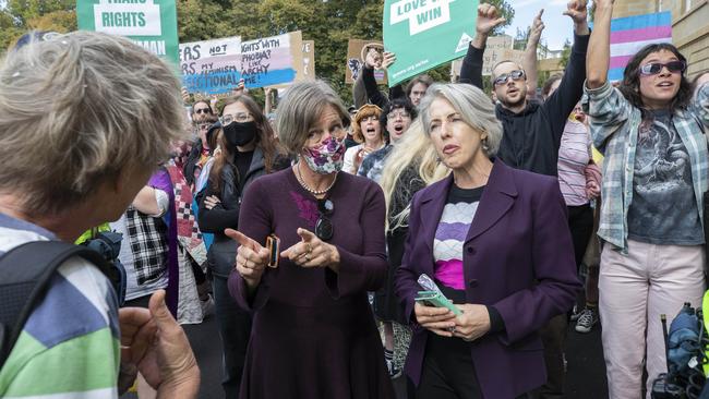 Greens Cassy O'Connor MP and Dr Rosalie Woodruff MP outside the Tasmanian Parliament on Tuesday. Picture: Chris Kidd