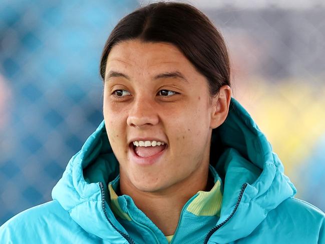 SYDNEY, AUSTRALIA - AUGUST 06: Sam Kerr of Australia looks on during an Australia Matildas training session during the the FIFA Women's World Cup Australia & New Zealand 2023 at  on August 06, 2023 in Sydney, Australia. (Photo by Brendon Thorne/Getty Images)