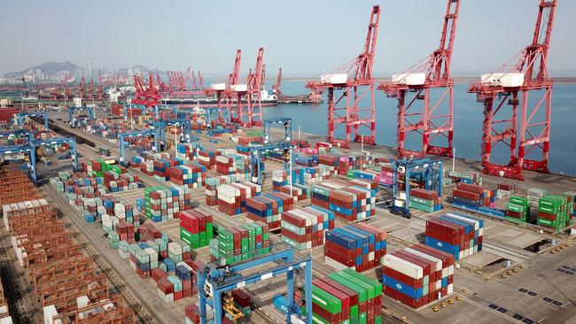 Shipping containers for export at a port in Lianyungang, in China's eastern Jiangsu province, on Sunday. Picture: AFP