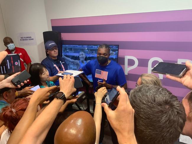 Bronze medalist Noah Lyles addresses the media with a mask after contracting Covid. Picture: Brent Read