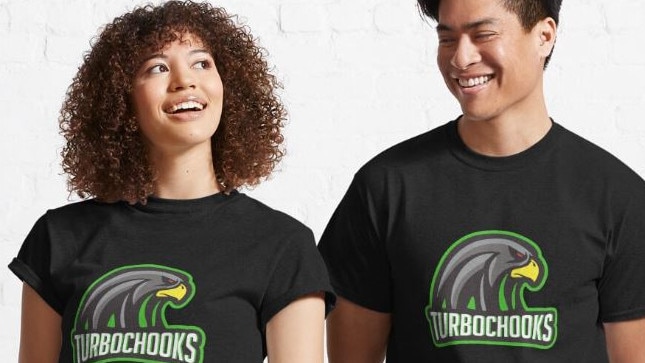 The edited and now re-uploaded TurboChooks merchandise design that is on Redbubble.