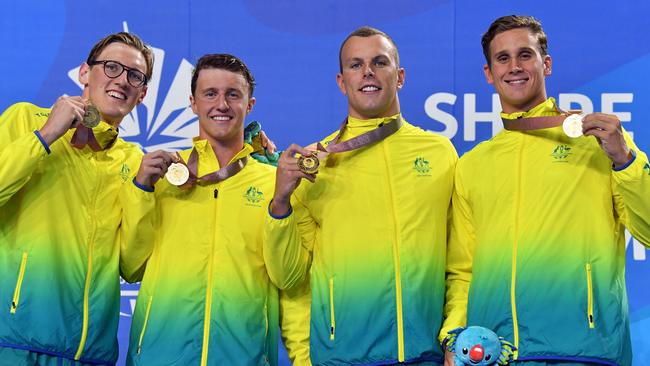 The Aussie men with their gold medals from the 4x200m relay. Picture: AAP Images