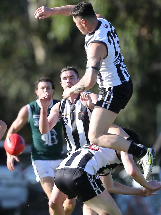 Euroa’s Nate Trotter gets a ride on the back of a Magpies teammate.