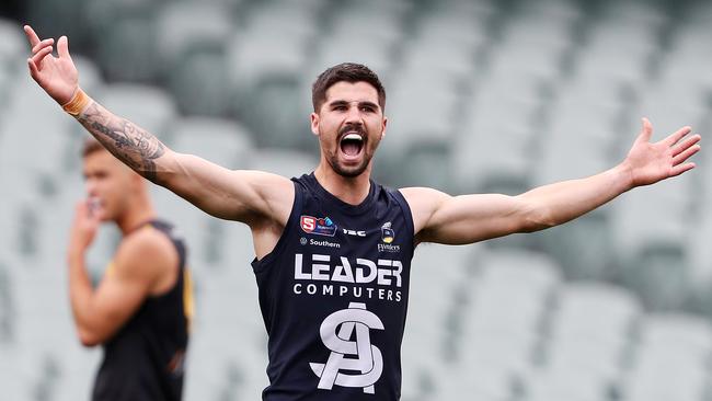 South Adelaide’s Eamon Wilkinson celebrates against Glenelg. Picture: Sarah Reed