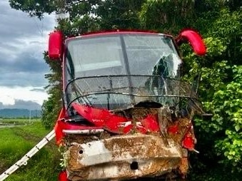 Fifteen people were injured after a Greyhound bus crashed off the Bruce Hwy down an embankment. Picture: Supplied