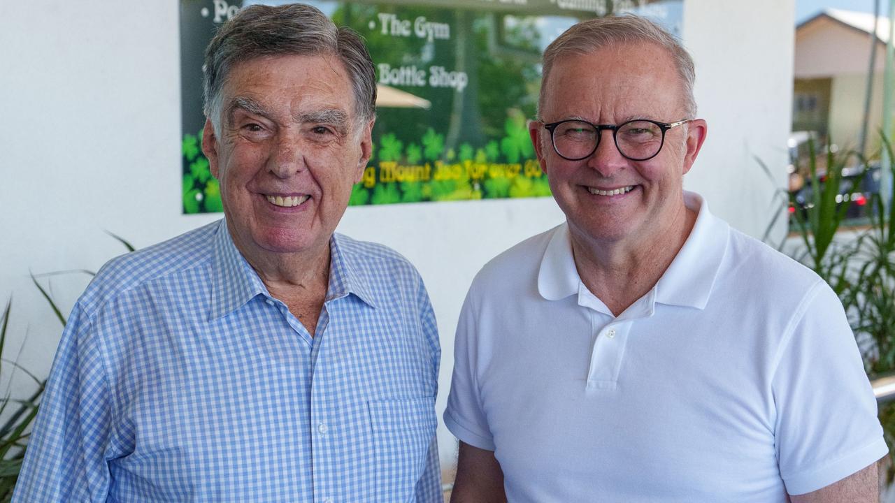 Former Queensland Labor Resources Minister Tony McGrady with Prime Minister Anthony Albanese at the Mount Isa Irish Club. Picture: Prime Minister’s Office