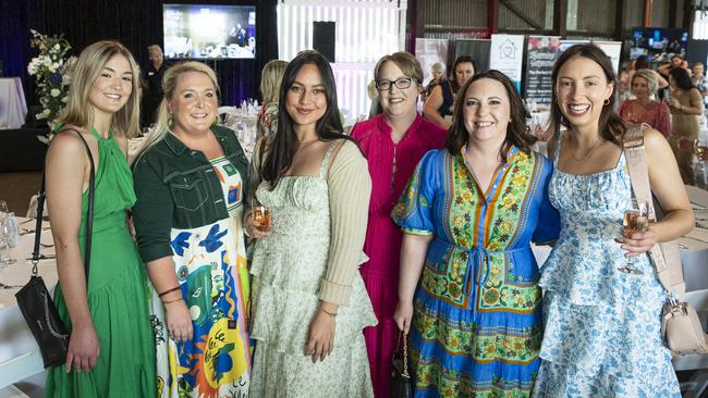 At the Ladies Diamond Luncheon are (from left) Taylah Scotney, Nicole Jones, Jasmine Dobney, Catherine Brodie, Andrea Brodie and Chloe Scotney representing PB Agrifood hosted by Toowoomba Hospital Foundation at The Goods Shed, Friday, October 11, 2024. Picture: Kevin Farmer