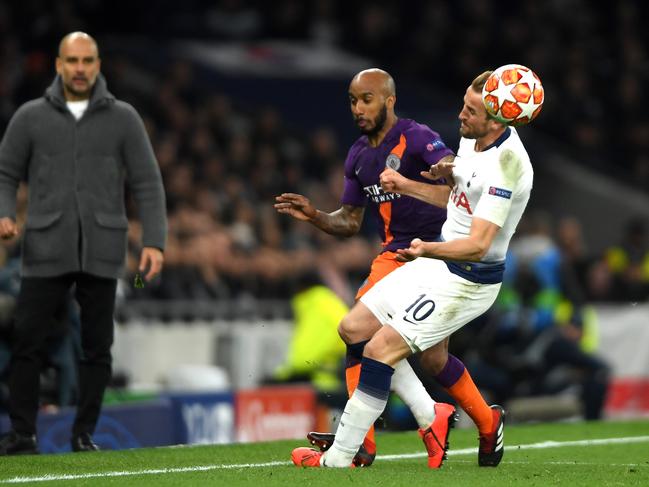 LONDON, ENGLAND - APRIL 09:  Harry Kane of Tottenham Hotspur tackle Fabian Delph of Manchester City leading to an injury for Harry Kane during the UEFA Champions League Quarter Final first leg match between Tottenham Hotspur and Manchester City at Tottenham Hotspur Stadium on April 09, 2019 in London, England. (Photo by Mike Hewitt/Getty Images)
