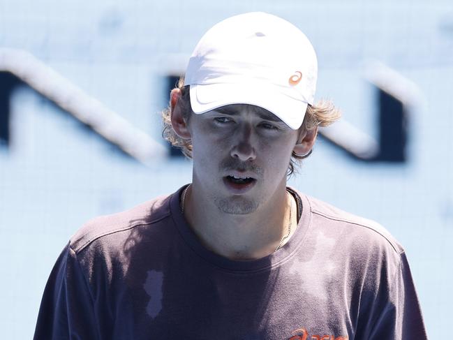 MELBOURNE, AUSTRALIA - JANUARY 10: Alex de Minaur of Australia looks on during a practice session ahead of the 2025 Australian Open at Melbourne Park on January 10, 2025 in Melbourne, Australia. (Photo by Daniel Pockett/Getty Images)