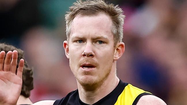 MELBOURNE, AUSTRALIA - JULY 30: Jack Riewoldt of the Tigers celebrates a goal with teammates during the 2023 AFL Round 20 match between the Richmond Tigers and the Melbourne Demons at Melbourne Cricket Ground on July 30, 2023 in Melbourne, Australia. (Photo by Dylan Burns/AFL Photos via Getty Images)