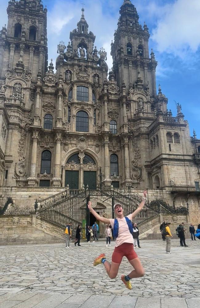 NT Health Senior Emergency Registrar Natasha Tile at the Camino de Santiago finishing line, the Cathedral of Santiago de Compostela in Galicia, Spain. Picture: Supplied