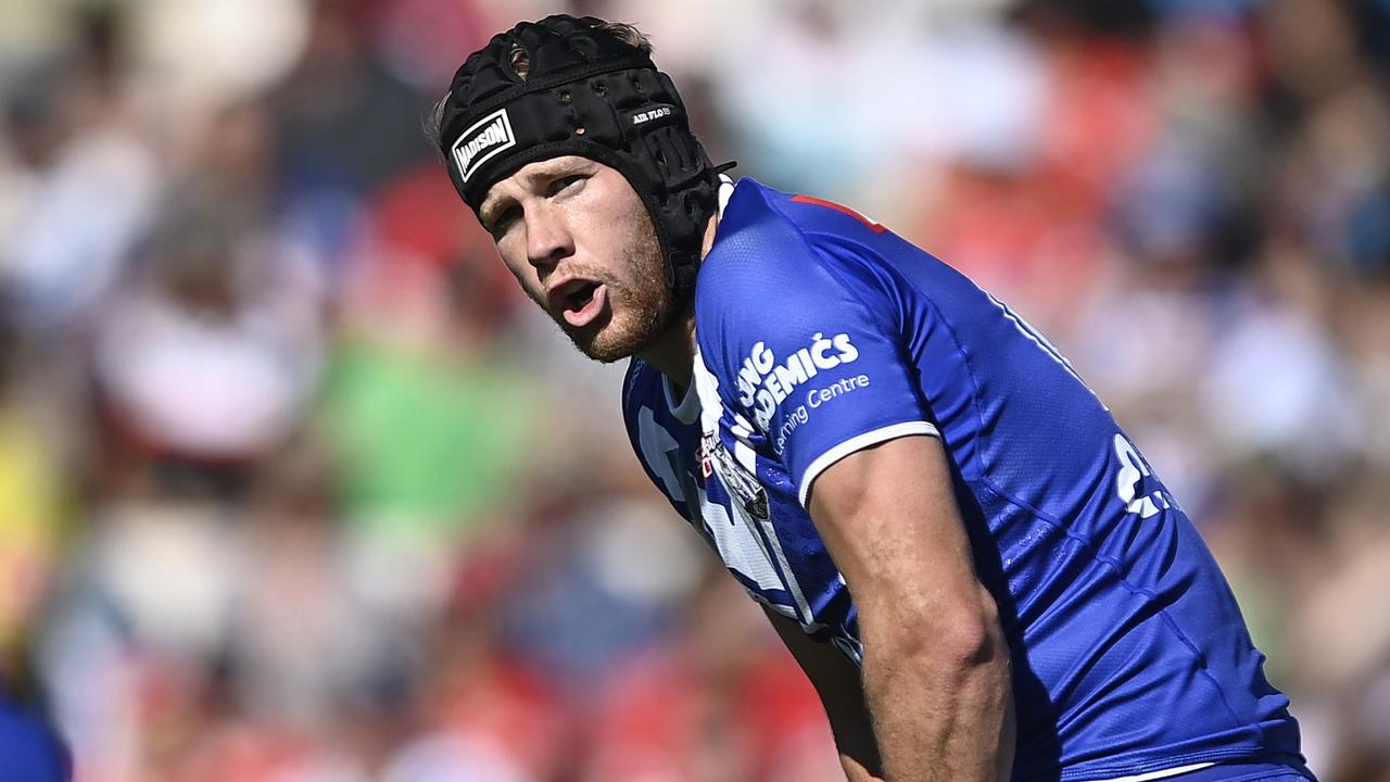 BUNDABERG, AUSTRALIA - JULY 30: Matt Burton of the Bulldogs looks on during the round 22 NRL match between Canterbury Bulldogs and Dolphins at Salter Oval on July 30, 2023 in Bundaberg, Australia. (Photo by Ian Hitchcock/Getty Images)