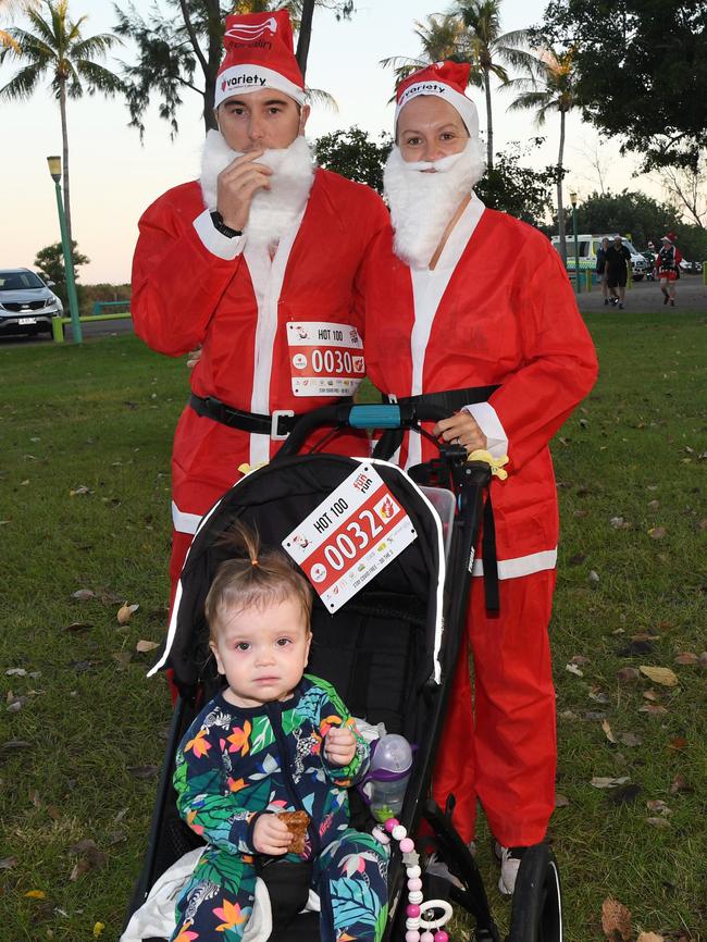 Jason Wilson, Rachel Wilson and Alice Wilson at the Christmas in July Santa Fun Run at Mindil Beach. Picture Katrina Bridgeford