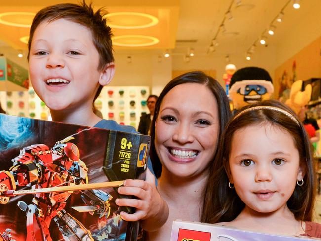 Jessica Russell 0451373339 with her children Connor 5 and Isla 3 at the official lego store on level 2 of Westfield Marion, DECEMBER 11, 2020. Picture: Brenton Edwards