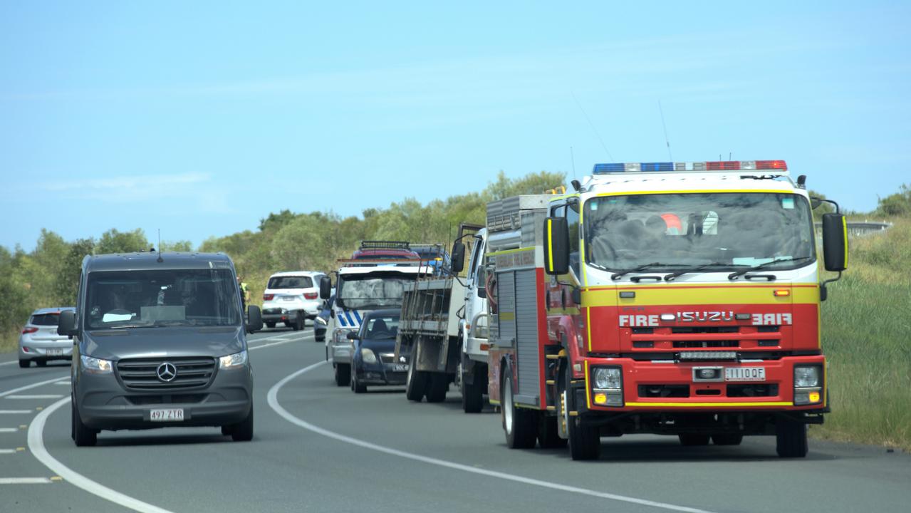 Emergency crews are on the scene of what is believed to be a traffic incident involving multiple cars and a truck in the southbound lanes of the Bruce Highway south of Gympie, Kybong. March 7, 2023. Picture: Christine Schindler