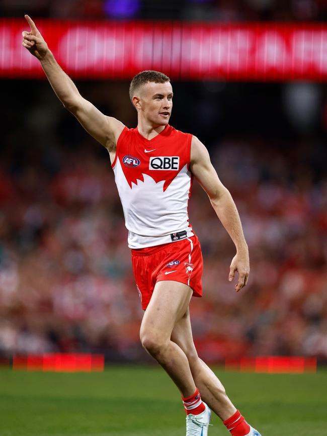 Chad Warner of the Swans celebrates a goal. Photo by Michael Willson/AFL Photos via Getty Images