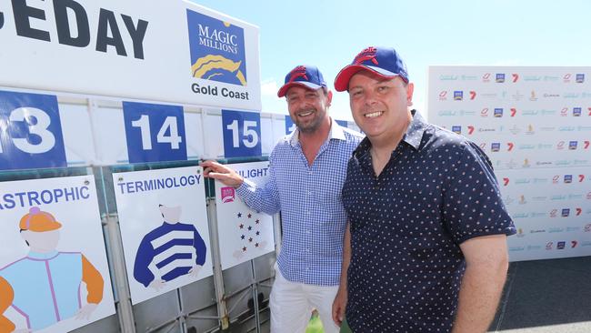 Brothers Andrew (left) and Luke Henderson at the Magic Millions 2YO Classic barrier draw. They are part-owners of emergency Terminology. Picture Mike Batterham