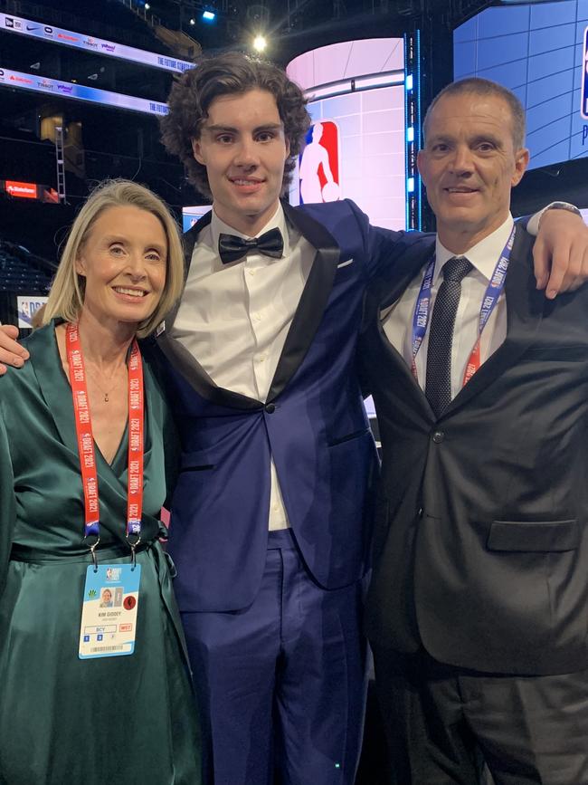 Josh Giddey with mum Kim and dad Warrick on NBA draft day in 2021.