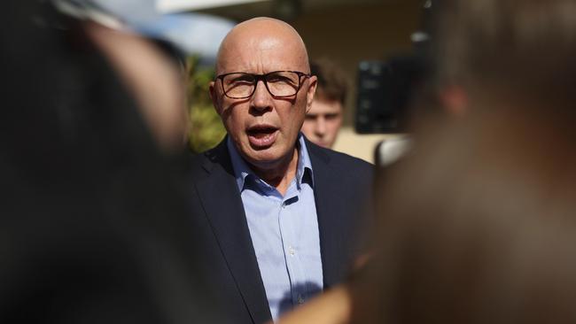 Australian Liberal Party leader Peter Dutton talks to the media after voting in his electorate in Brisbane. Picture: AP Photo/Pat Hoelscher