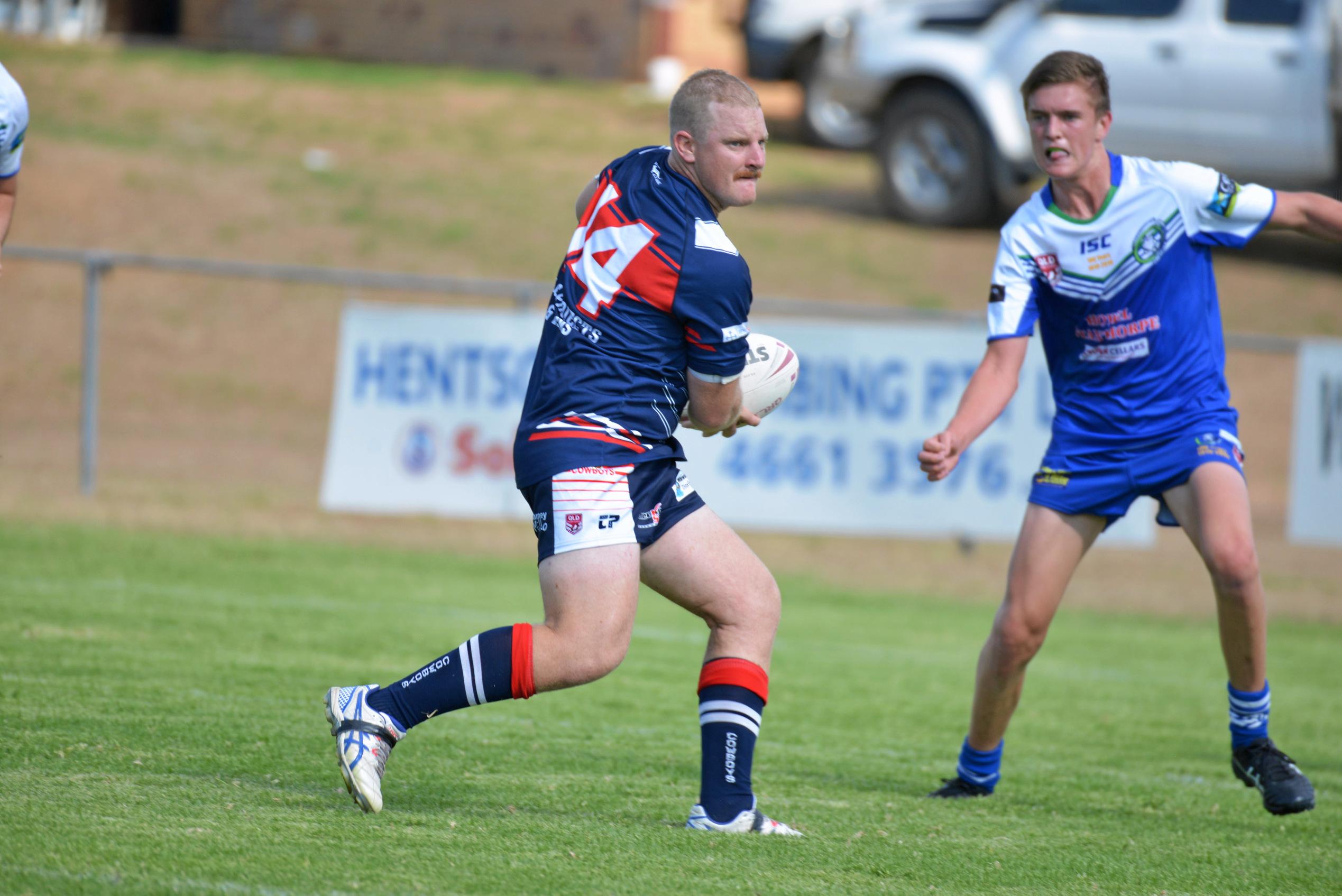 Warwick second-division captain-coach Scott Fisher on the attack against Wattles at Father Ranger Oval. Picture: Gerard Walsh