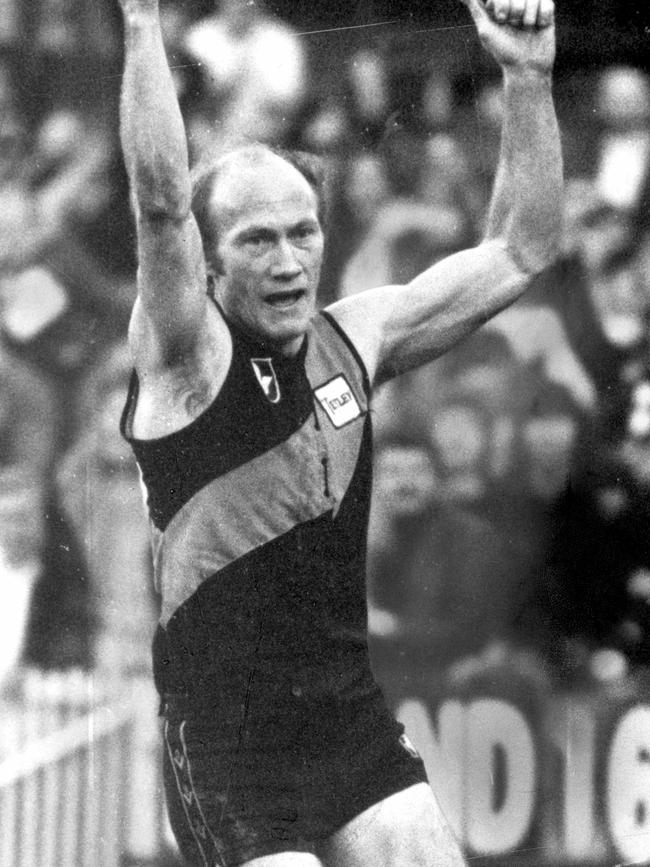 Kevin Bartlett celebrates one of his 778 career goals.