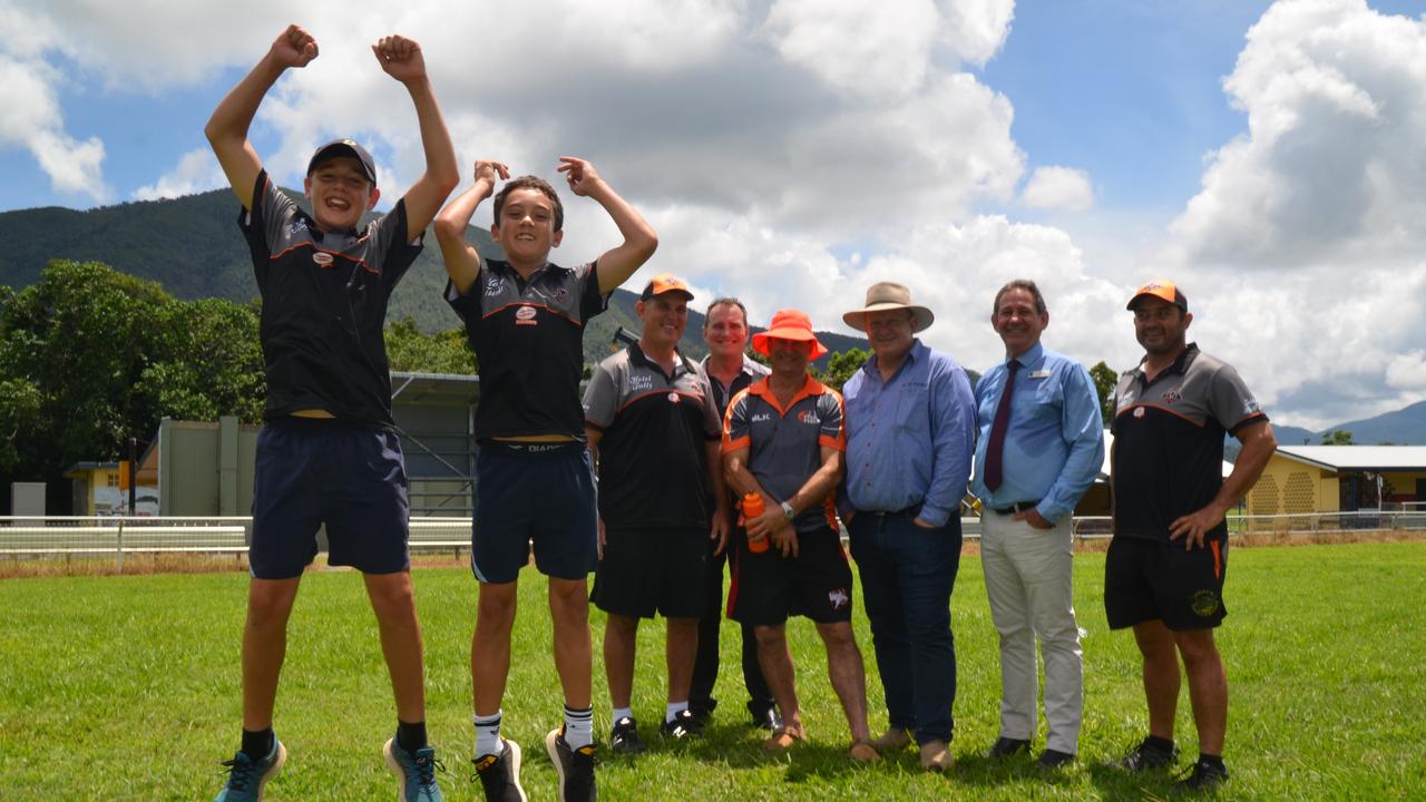 Marley Helion and Cohen Emmi in 2019 with local league and regional representatives. Pic: ELISABETH CHAMPION