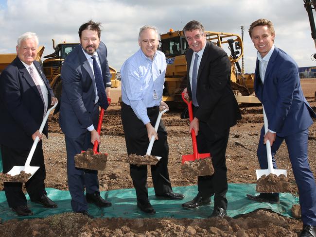 Tony Bleasdale of Blacktown Council, Chifley federal Labor MP Ed Husic, Costco’s Patrick Noone, Castle Hill state Liberal MP Ray Williams and Owen Walsh of Sydney Business Park during the sod turning ceremony at Marsden Park in March. Picture: Carmela Roche