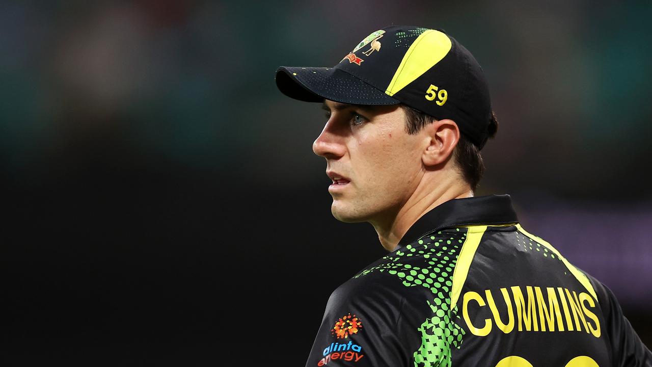 Pat Cummins of Australia watches on during game two in the T20 International series between Australia and Sri Lanka at Sydney Cricket Ground on February 13, 2022 in Sydney, Australia. (Photo by Mark Kolbe/Getty Images)