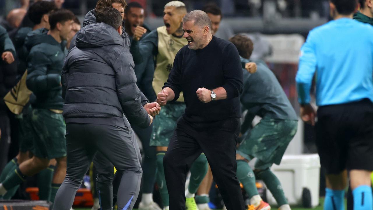Ange Postecoglou celebrated hard. Photo by Alex Grimm/Getty Images.