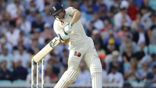 Jos Buttler belts Josh Hazlewood for six. Picture: AP