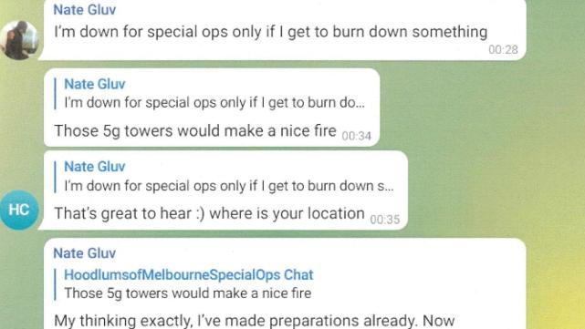 An account named Nate Gluv allegedly spoke about setting fire to a 5G tower prior to the October 7 act via encrypted messaging app Telegram, a court has ben told Picture: Victoria Courts via NCA NewsWire