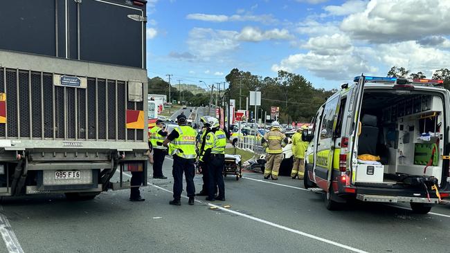 A woman has been taken to hospital in a serious but stable condition after her car collided with a truck at Nambour on Friday afternoon. Photo: Supplied