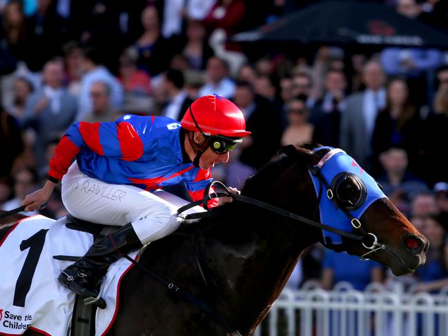 Race 5 Rosehill Gardens, Winning horse, Pierro (1) ridden by Nash Rawiller (red cap and lightening bolt)