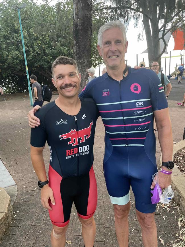 Andrew Trout and Shane Kent at the Hervey Bay 100 Triathlon on Sunday, November 26, 2023.