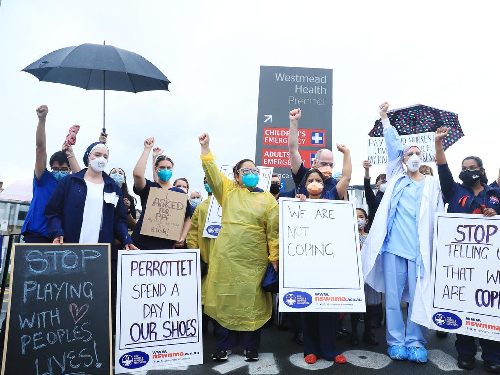 ICU nurses protested at Westmead Hospital on Wednesday. Picture: John Feder/The Australian.