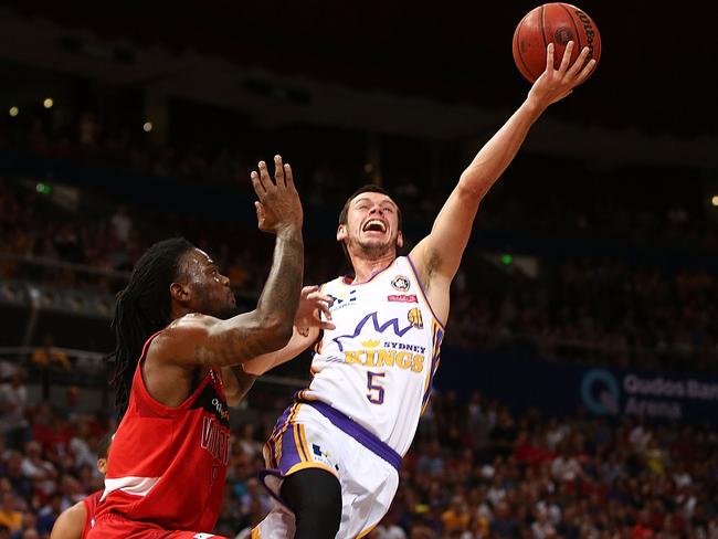 Jason Cadee of the Kings shoots against Perth Wildcats at Qudos Bank Arena on January 7. Picture: Getty