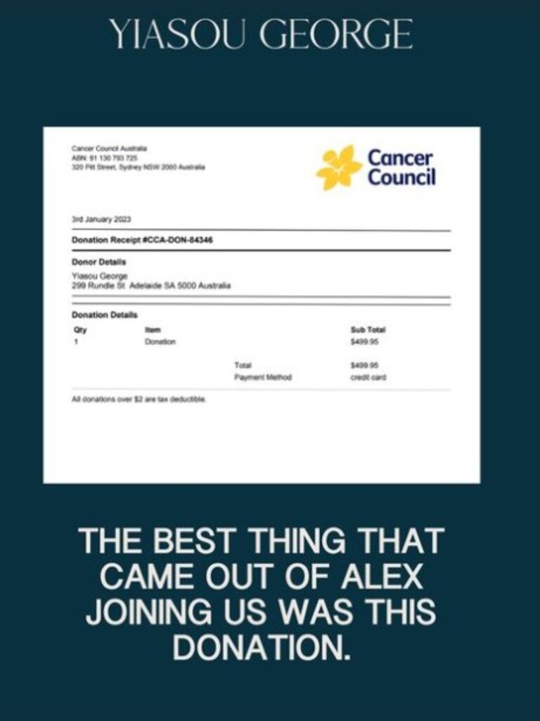 Yiasou George donated the money made from the patron to the Cancer Council. Picture: Instagram/ @yiasou_george