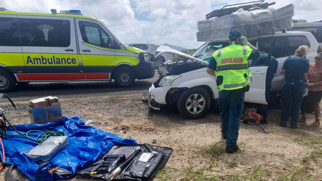 Mackay dad Paul Garland, his partner, and their three kids, were trapped inside their vehicle after a crash on the Bruce Highway near Proserpine on Tuesday, December 27, 2022. Picture: Contributed